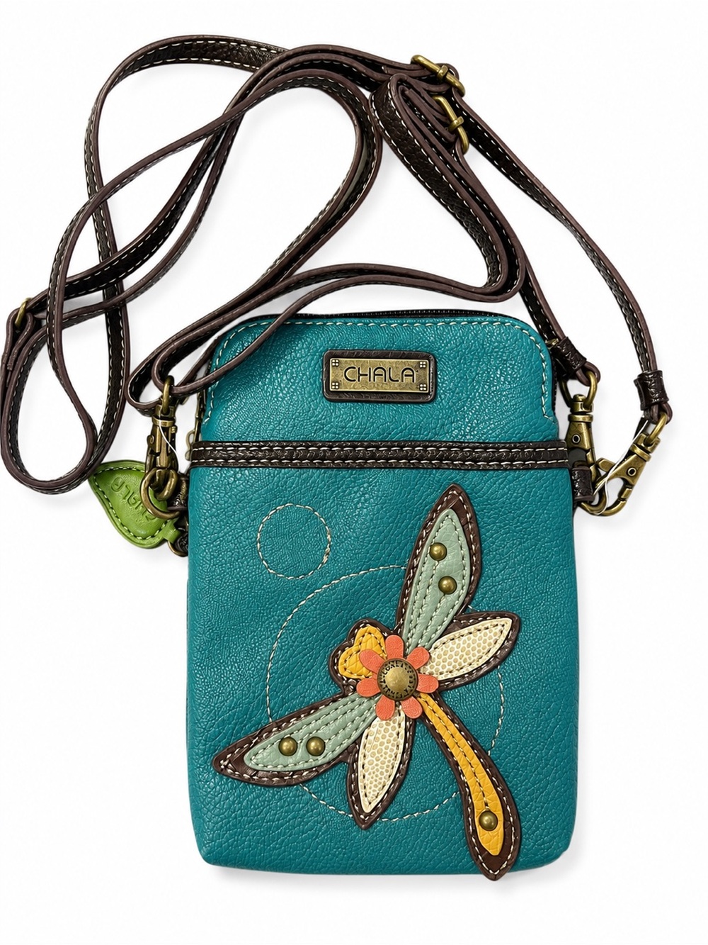 NWT Chala Teal Dragonfly Applique Crossbody Bag with Brown Strap